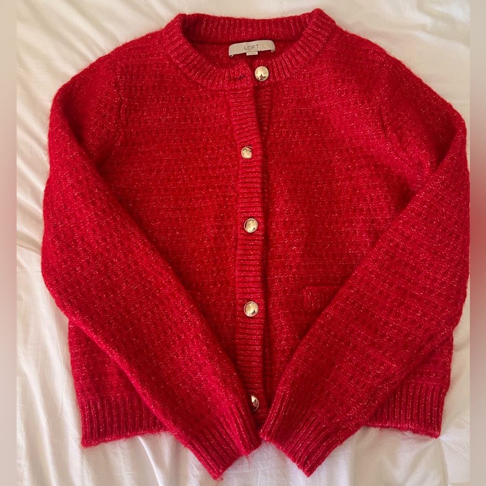 LOFT Red Knit Button-Up Cardigan